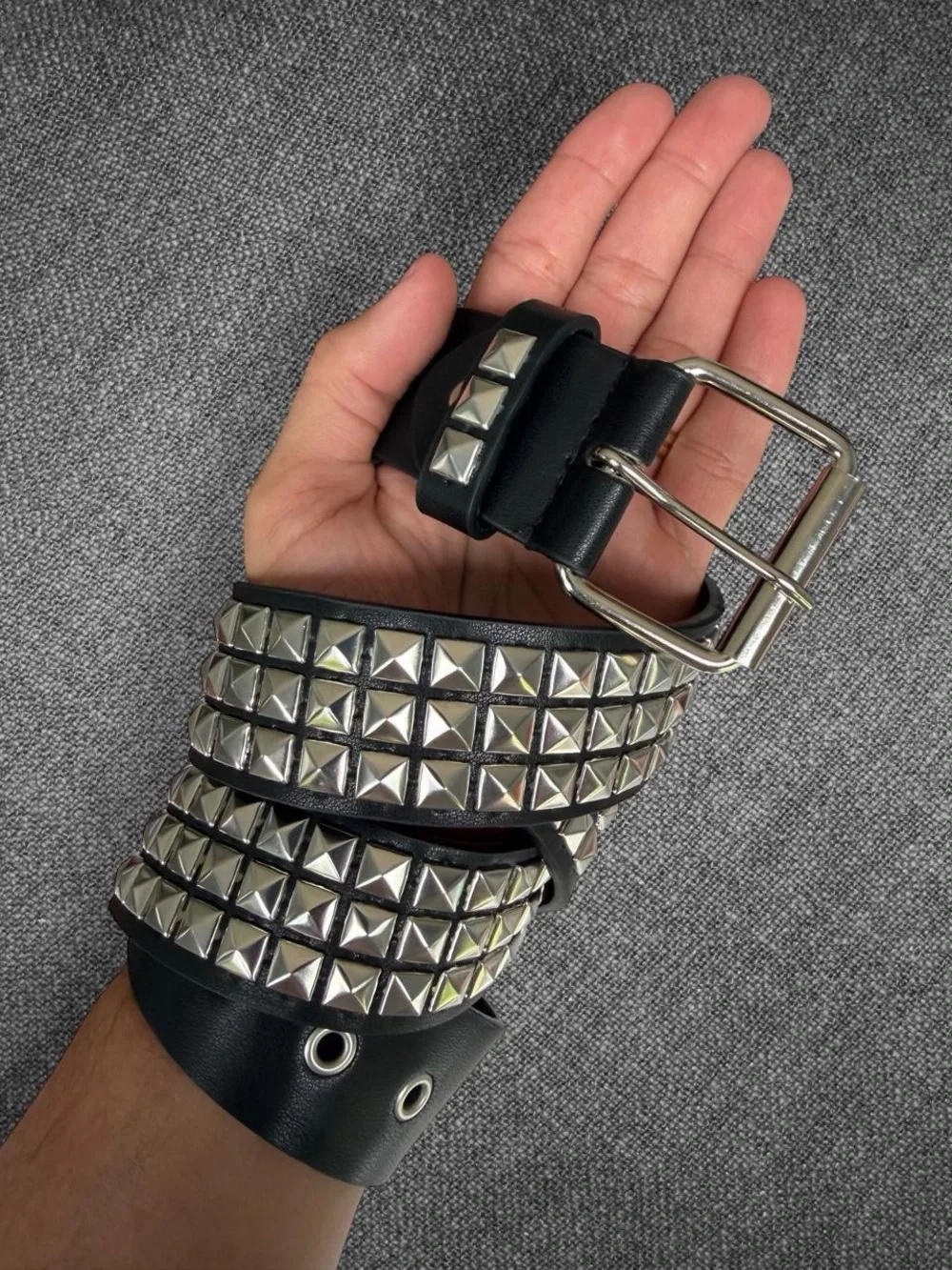 Black Leather-Look Wide Pyramid Stud Belt Silver Buckle Punk Y2K 44 Inch